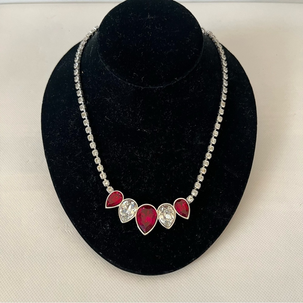 Vintage YSL Yves Saint Laurent Red & Clear Rhinestones Silver Tone Necklace